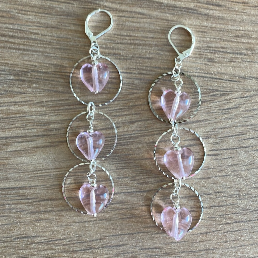 HAND CRAFTED EARRINGS Pink Hearts Silver Rings Drop Dangle Valentine’s Day - Picture 6 of 12